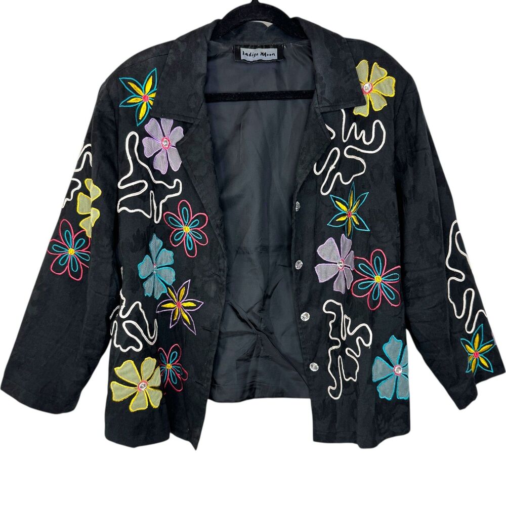 Indigo Moon Black contrast floral print Jacket embroidered funky design
